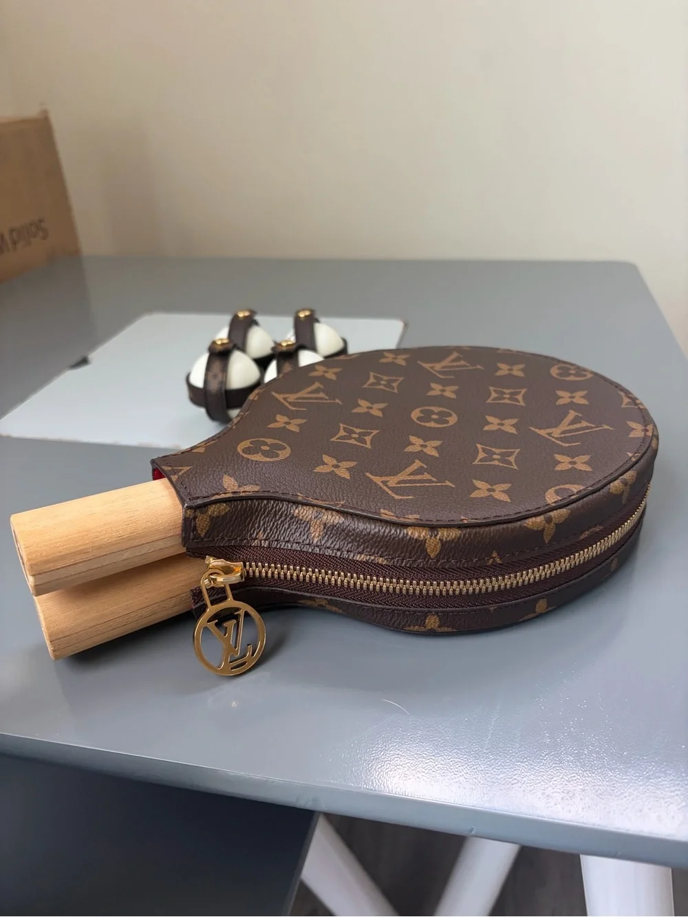 Louis Vuitton Brown Monogram Paddles and Case with Matching Balls